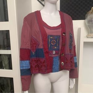 Faith Cardigan Tank Set Womens XS Burgundy Patchwork Boho Embroidered Excellent